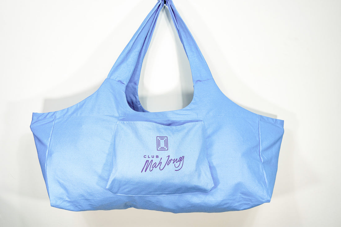 Blue canvas Mah Jongg Carryall bag with front pocket and Club Mah Jongg logo