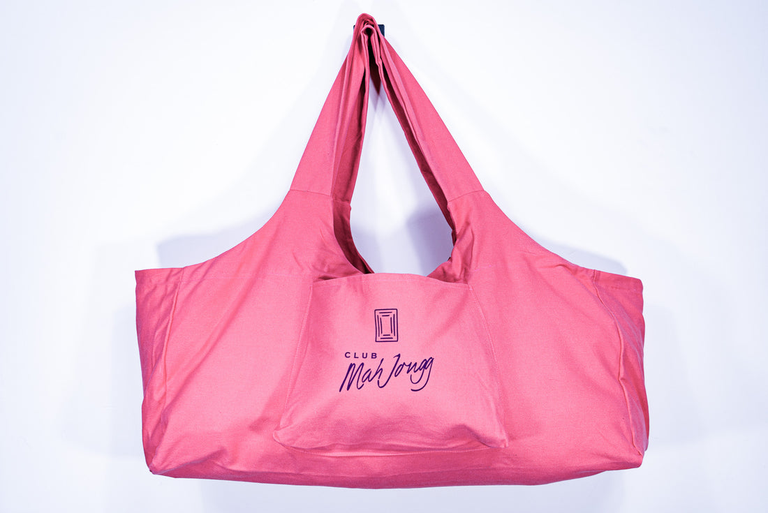 Watermelon pink canvas Mah Jongg Carryall bag with shoulder straps and Club Mah Jongg logo